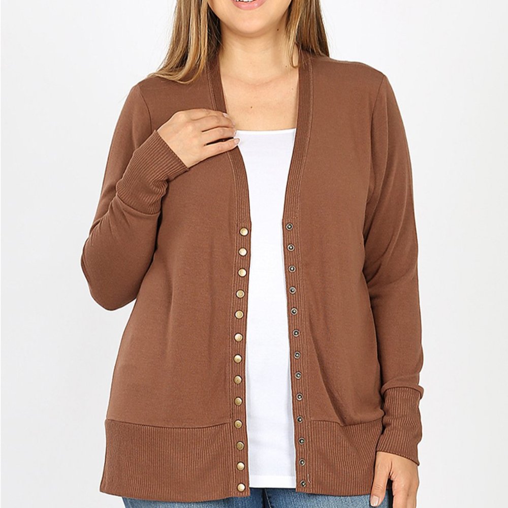 Zenana Snap Plus Cardigan Sweater Light Br…
